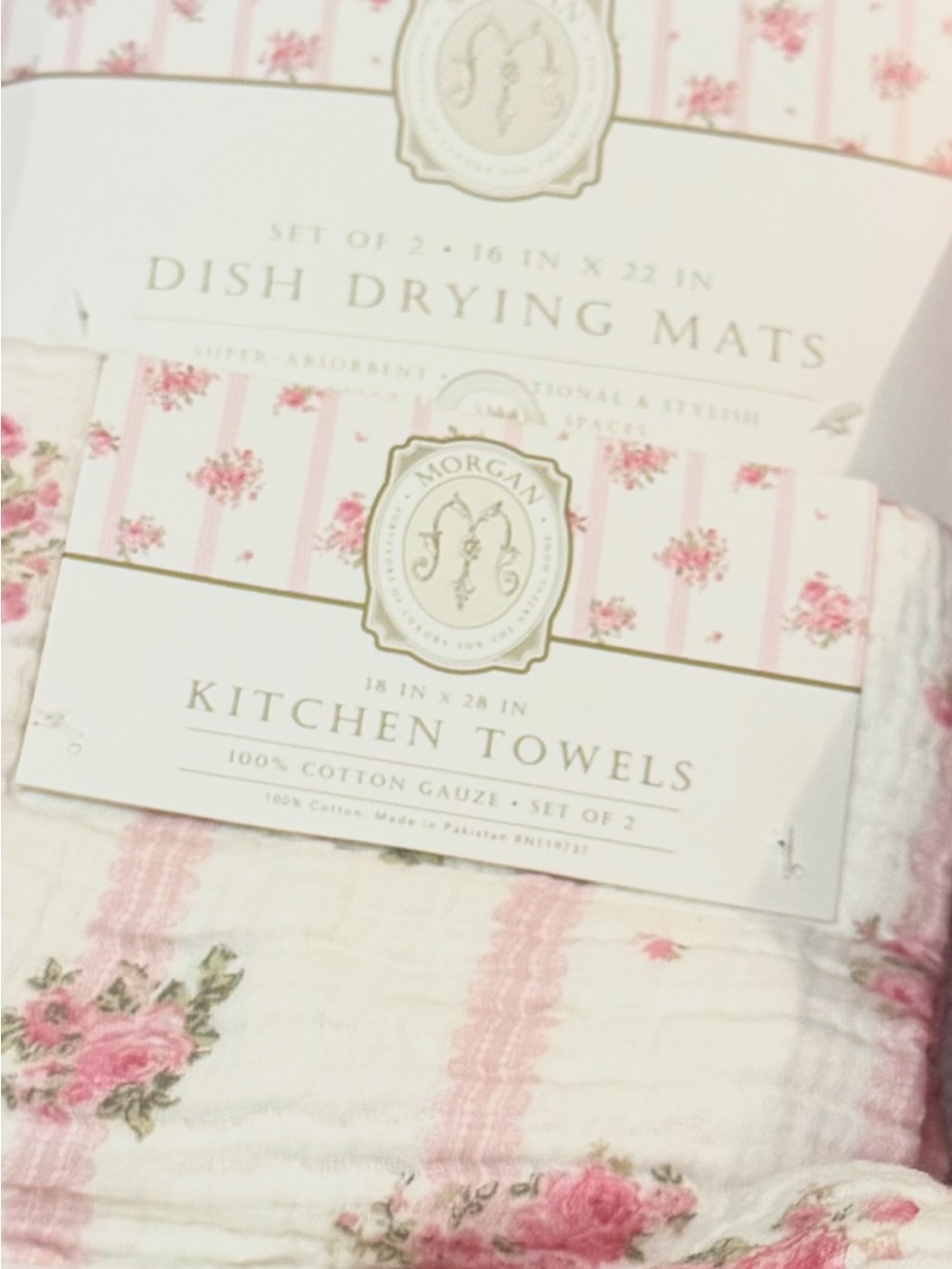 4 PC Matching Pink Floral Kitchen Towels & Drying Mats ~ Shabby Chic Charm